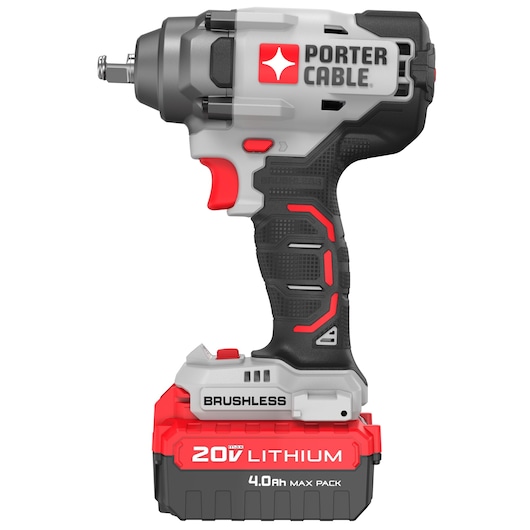 PORTER-CABLE 20V lithium brushless cordless impact wrench with a 4.0Ah battery pack, featuring a grey, black, and red design.