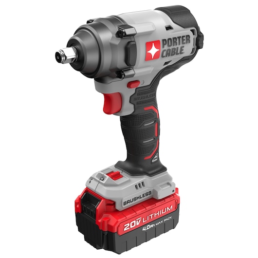 A PORTER-CABLE cordless impact wrench with a brushless motor and a 20V lithium-ion battery pack. The tool features a red and black ergonomic handle, trigger, and battery base, with visible branding and specifications on the side.