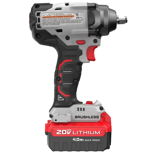A PORTER-CABLE 20V lithium brushless cordless impact wrench with a 4.0 Ah battery pack, shown from the side on a white background.
