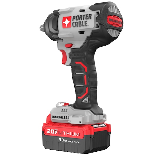 A PORTER-CABLE cordless impact driver with a 20V lithium battery and brushless motor, featuring a black, gray, and red design.