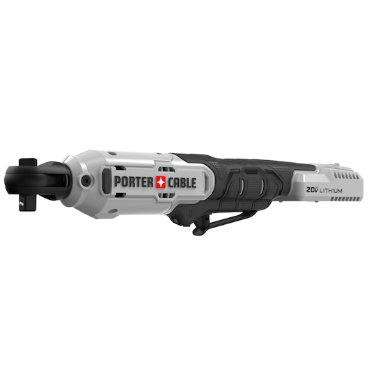 A PORTER-CABLE 20V lithium cordless ratchet tool with a black and silver body, featuring the PORTER-CABLE logo and ergonomic grip.
