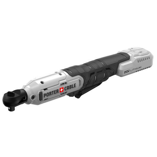 A PORTER-CABLE 20V lithium cordless ratchet tool with a black and gray grip, shown isolated on a white background.