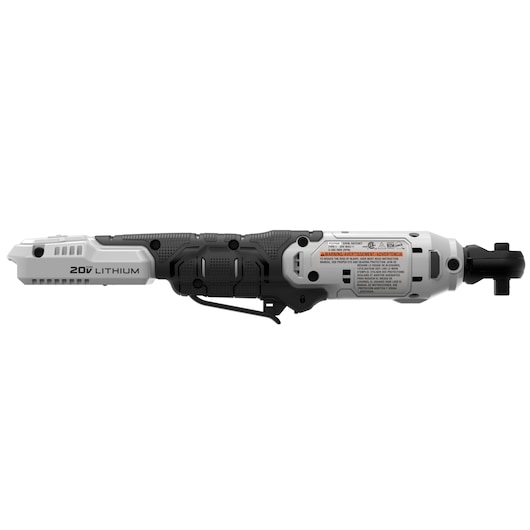 A PORTER-CABLE 20V lithium cordless ratchet tool shown in a side profile. The tool is primarily black and white with visible textured grip, warning labels, and a battery compartment.