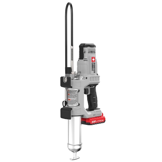 A PORTER-CABLE cordless grease gun, model PCCGG001D1, featuring a gray and black body with a red 20V lithium battery pack at the bottom. The tool has a cylindrical grease chamber, trigger grip, and flexible hose attachment.