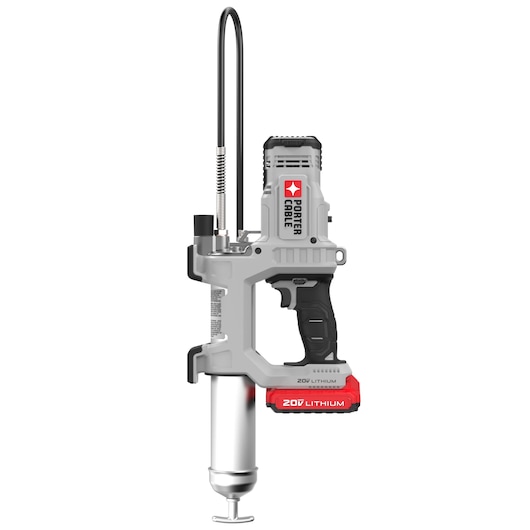 A PORTER-CABLE branded cordless grease gun with a 20V lithium battery, shown in a vertical position with a hose attachment. The tool is primarily gray with black and red accents.