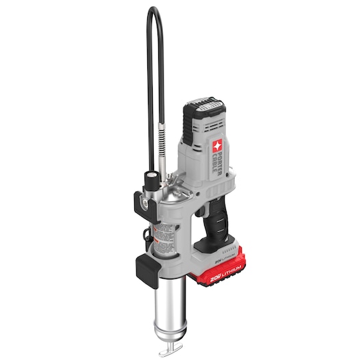 PORTER-CABLE cordless grease gun with black handle and red lithium battery pack, shown upright on white background.