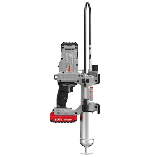 A PORTER-CABLE cordless grease gun with a 20V lithium battery, shown standing upright with a metal tube and flexible hose attached.