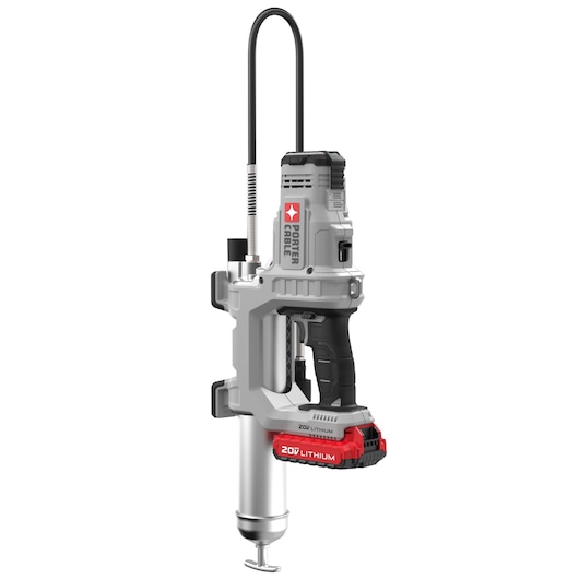 PORTER-CABLE cordless lithium-ion powered caulking gun with a grey and black body, red battery pack labeled '20V Lithium', and a metal tube for dispensing caulk.