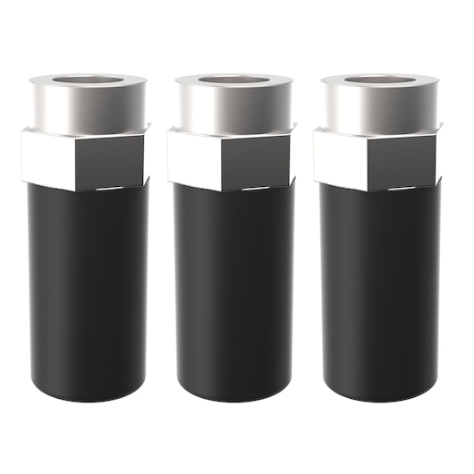 Three cylindrical black and silver metal items, shown in a row. Each item features a metallic hexagonal section near the top and a hollow circular opening.