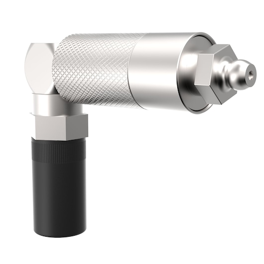 A close-up image of a metallic right-angle adapter with a knurled grip and a black cylindrical base, designed for photography equipment.
