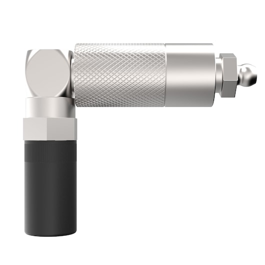 A metal right-angle camera adapter with a textured grip and cylindrical components, used for mounting or connecting photography accessories.