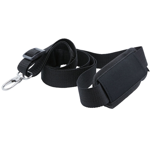 A black adjustable camera strap with a metal clip and padded section, commonly used for carrying photography equipment.