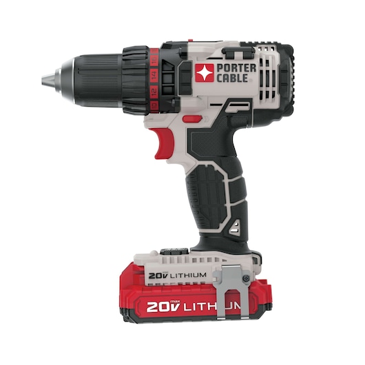 A PORTER-CABLE 20V lithium cordless power drill with a black, red, and gray design, showing the brand logo and battery pack.