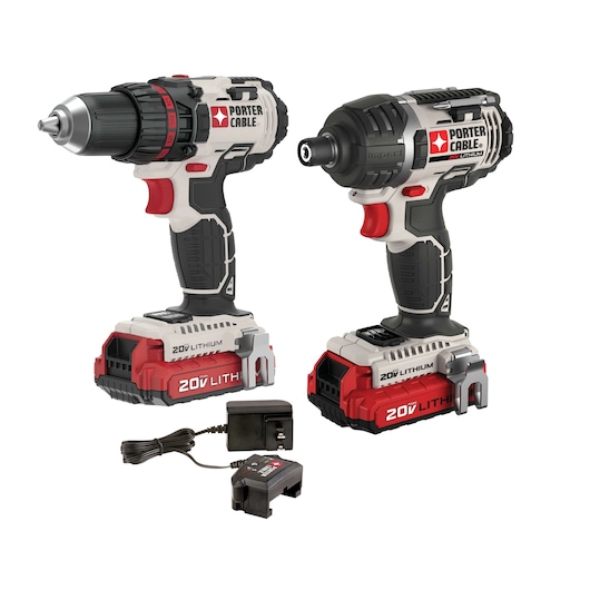 PORTER-CABLE 20V Lithium cordless tool set including a drill, an impact driver, two batteries, and a charger, all shown on a white background.