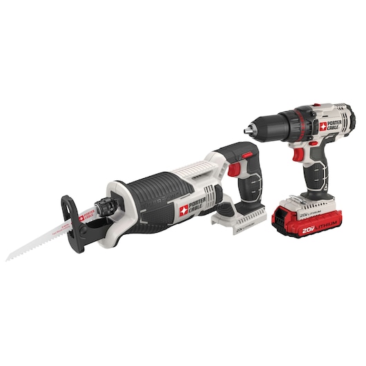 Image showing a PORTER-CABLE branded power tool set, which includes a cordless reciprocating saw and a cordless drill, both featuring a red, black, and gray design with 20V lithium batteries attached.