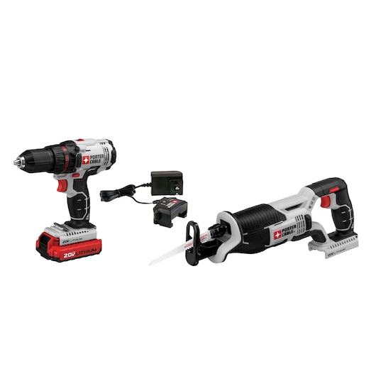 PORTER-CABLE cordless tool kit including a 20V lithium-ion drill, a reciprocating saw, a battery, and a charger.