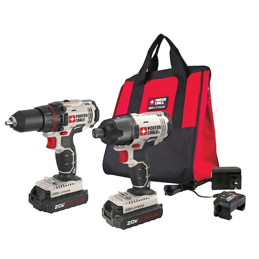 PORTER-CABLE 20V Lithium drill and impact driver kit, including two cordless power tools, a red and black carrying bag, charger, and batteries.