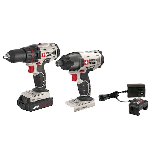 PORTER-CABLE cordless power tool set including a drill, an impact driver, two 20V lithium batteries, and a battery charger with power adapter, all displayed against a white background.
