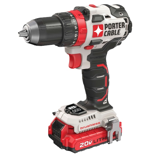 A PORTER-CABLE cordless power drill with a black and red design, labeled 'brushless' and '20V lithium.' The drill features a textured grip, adjustable torque settings, and a battery pack attached at the bottom.