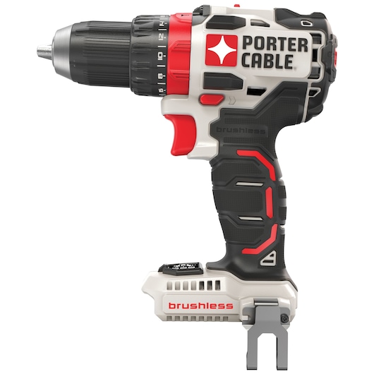A PORTER-CABLE cordless power drill with a brushless motor and 20V lithium battery. The drill features a black and red design with the brand name and specifications clearly labeled on the body.