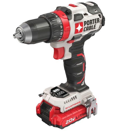 A PORTER-CABLE cordless power drill with a brushless motor and a 20V lithium battery. The drill features a black, red, and gray color scheme with a textured grip handle and adjustment settings near the chuck.