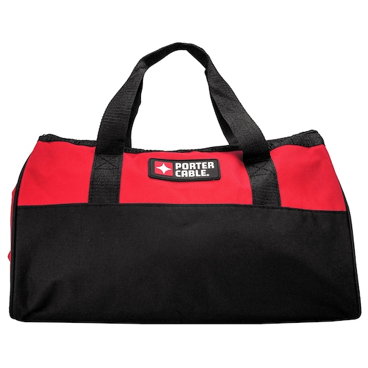 A PORTER-CABLE branded tool bag made of red and black fabric with two black carrying handles.