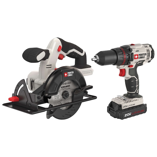 Two PORTER-CABLE cordless power tools are shown: a circular saw and a drill. Both tools are battery powered and feature black, red, and grey accents.