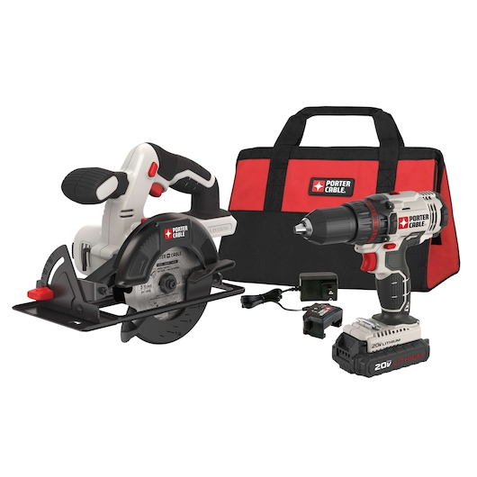 A PORTER-CABLE power tool combo set including a cordless circular saw, a cordless drill, a battery charger, a battery, and a red and black carry bag, all displayed together.