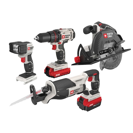 PORTER-CABLE cordless power tool set including a drill, circular saw, reciprocating saw, LED work light, and batteries. All tools are gray, black, and red and feature the brand logo.