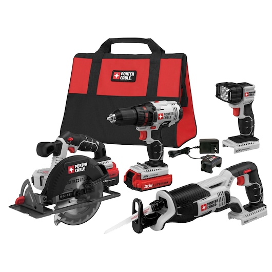 PORTER-CABLE cordless power tool kit including a circular saw, reciprocating saw, drill/driver, worklight, two batteries, charger, and a red and black carrying bag, all labeled with the PORTER-CABLE brand.