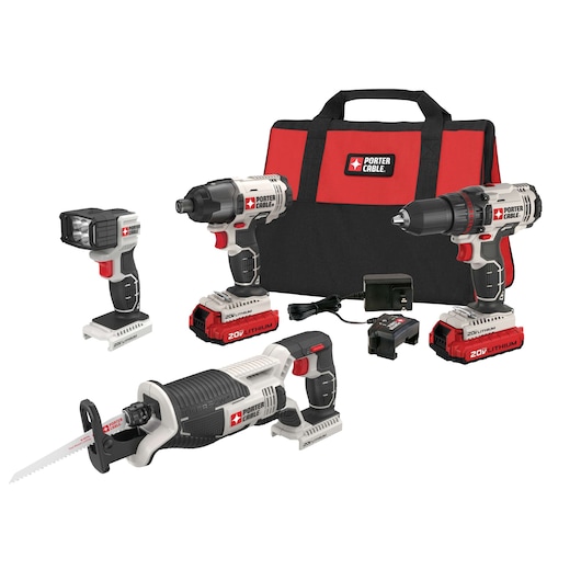 A PORTER-CABLE tool kit featuring four cordless power tools: a flashlight, an impact driver, a drill, and a reciprocating saw. The set also includes two batteries, a charger, and a black and red PORTER-CABLE carrying bag.