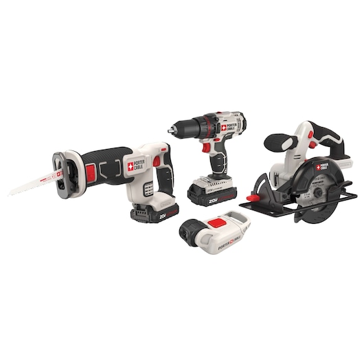 PORTER-CABLE cordless power tool set including a reciprocating saw, a drill, a circular saw, and an impact driver, all with 20V lithium batteries, placed on a white background.