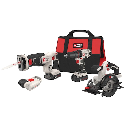 PORTER-CABLE cordless power tool kit including a reciprocating saw, a drill, a circular saw, a battery pack, and a red and black carrying bag.