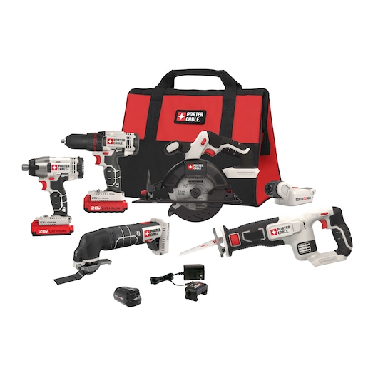 PORTER-CABLE 20V cordless tool kit including a drill, impact driver, reciprocating saw, circular saw, oscillating tool, flashlight, two lithium-ion batteries, battery charger, and a red and black carrying bag.