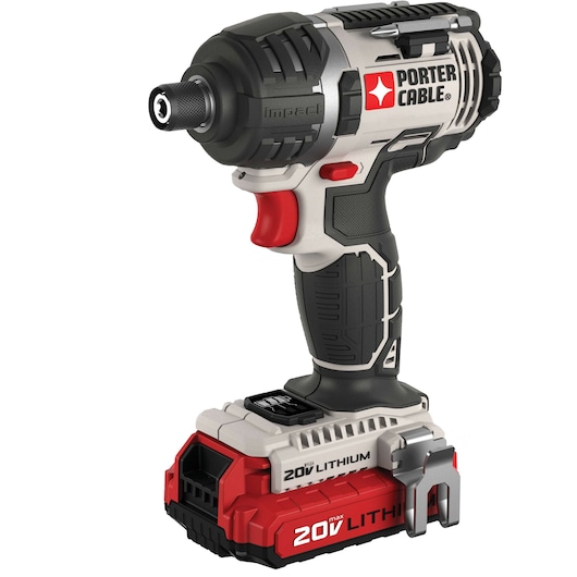 A PORTER-CABLE cordless impact driver power tool featuring a black, red, and gray body, with a 20V lithium battery attached at the base.