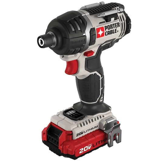 A PORTER-CABLE cordless impact driver with a 20V lithium battery, featuring a black and gray body with red accents and a metal belt clip.