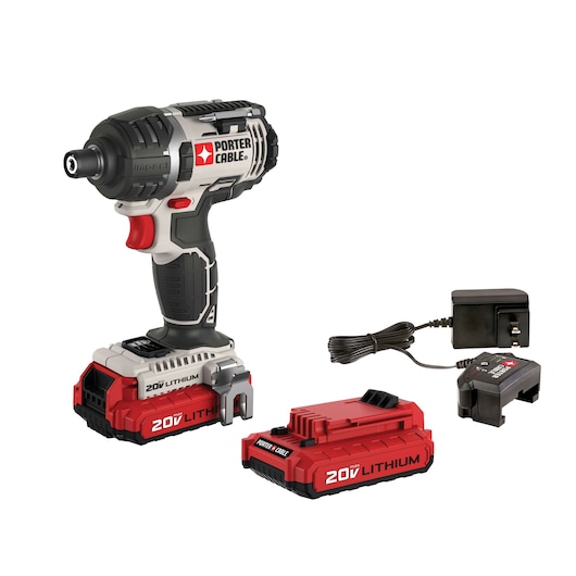 PORTER-CABLE cordless impact driver set, including a 20V lithium-ion impact driver, two 20V lithium-ion batteries, and a battery charger.