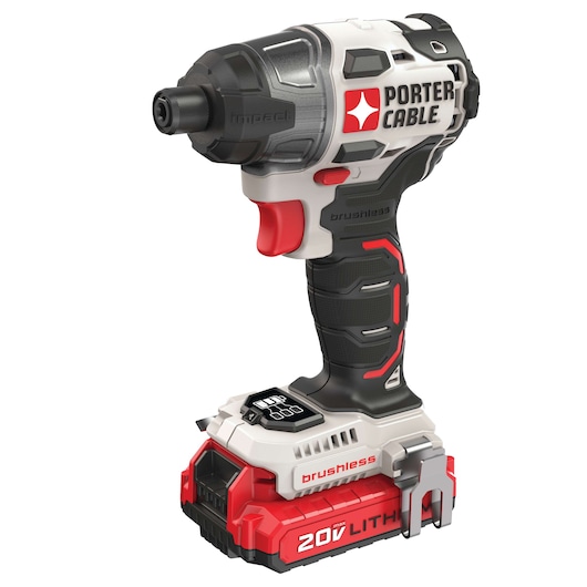 PORTER-CABLE 20V cordless impact driver with brushless motor, red and black design, side view.