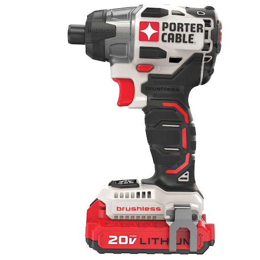PORTER-CABLE cordless 20V lithium brushless impact driver tool, black and red, with textured grip.