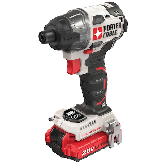 PORTER-CABLE cordless impact driver with 20V lithium battery and brushless motor in black, red, and white.