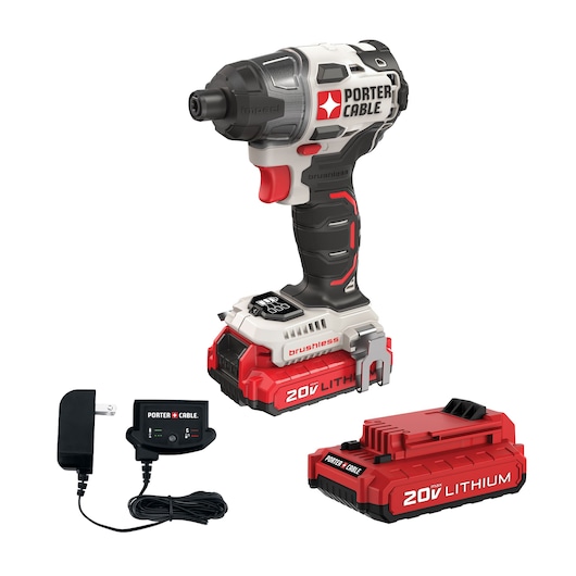 A PORTER-CABLE cordless impact driver kit including a brushless 20V lithium-ion impact driver, a charger, and an extra 20V lithium-ion battery. The items are displayed against a white background.