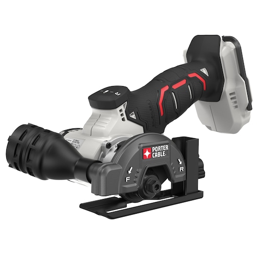 A PORTER-CABLE cordless power tool, featuring a black and gray ergonomic handle with red accents and a blade guard, shown without a battery attached.