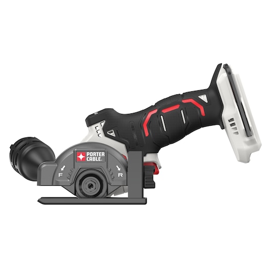 A PORTER-CABLE power tool with a black and grey body, featuring red accents. It has a handle with a textured grip, a blade guard, and an attachment slot for a battery on the end. The tool is shown from the side view against a white background.