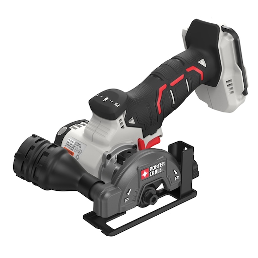 A PORTER-CABLE branded cordless power tool, model PCCM300B, featuring a black and red ergonomic handle, a dust extraction attachment, and adjustable guide. The tool is designed for precision work and appears to be for photography or construction tasks.