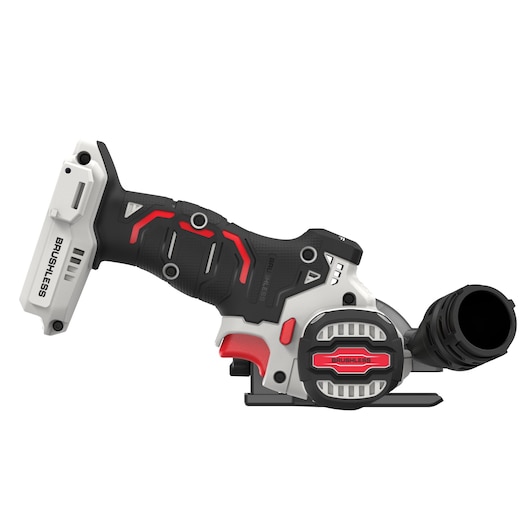 A PORTER-CABLE brushless cordless power tool with a black, red, and gray handle and a cylindrical attachment on the front, shown in side profile against a white background.