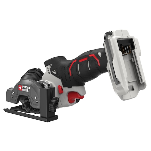 PORTER-CABLE cordless mini circular saw with black and red handle and a grey blade guard, designed for precision cutting. Battery compartment is visible, but battery is not included.