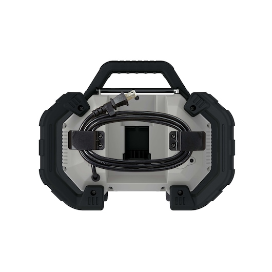 Front view of a PORTER-CABLE portable work light with a black handle, thick protective casing, and an electrical cord wrapped around the front.