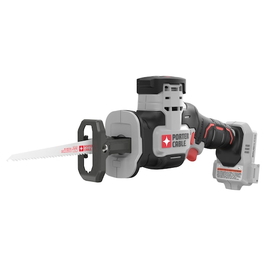 A PORTER-CABLE cordless reciprocating saw with a black and gray ergonomic handle, a visible saw blade, and the PORTER-CABLE logo prominently displayed on the body. The tool appears battery powered and is shown on a white background.
