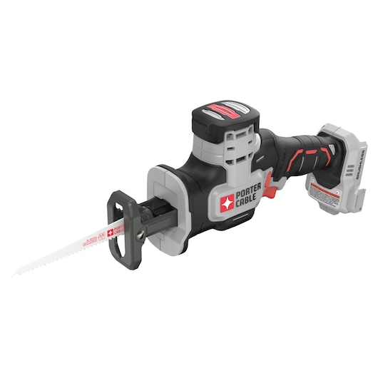 A PORTER-CABLE cordless reciprocating saw with a black and gray body, red accents, and a visible saw blade attached. The tool features ergonomic grips and branding, and is shown without a battery installed.