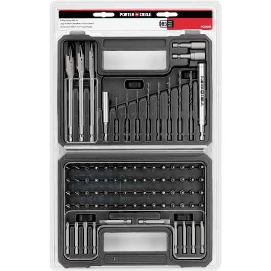 PORTER-CABLE branded utility drill and driver bit set, containing 85 pieces of various drill bits, driver bits, and accessories arranged in a plastic carrying case. The set includes spade bits, twist drill bits, screwdriver bits, and a bit holder.
